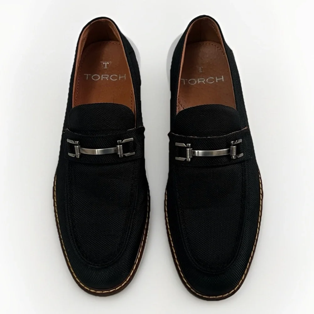Torch Black Slip-On Loafers Mens Sz 8 Textile Leather Shoes Classic Casual Solid